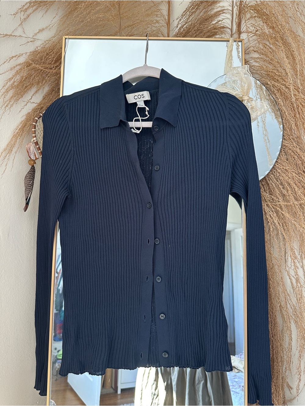 COS Navy Ribbed Button-Down Cardigan